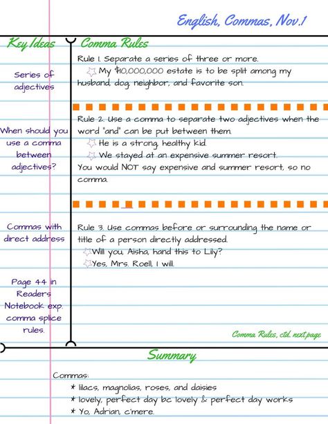 How to Take Notes with the Cornell Note System: Example of the System in Use Cornell Notes Example, How To Take Notes, Comma Rules, Organization Notes, Note Taking Tips, Student Tips, Nursing Student Tips, Cornell Notes, School Organization Notes