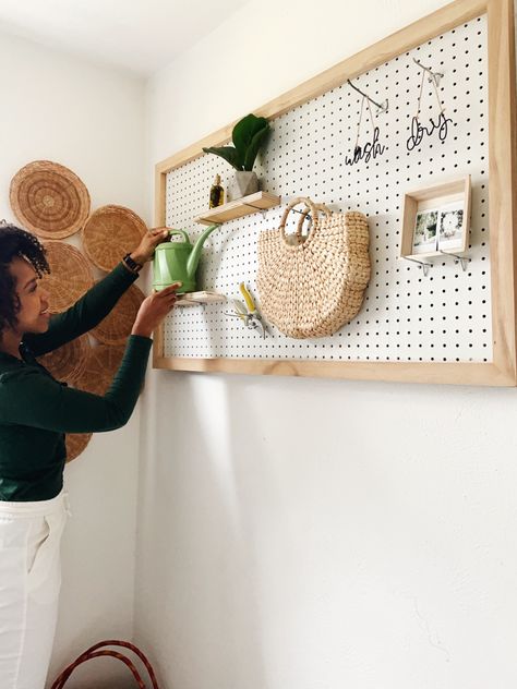 Wood framed pegboard Peg Board With Frame, Peg Board Decor, Entryway Pegboard, Framed Pegboard, Playroom/guest Room, Diy Wood Frame, Diy Peg Board, Peg Board Walls, Skadis Pegboard