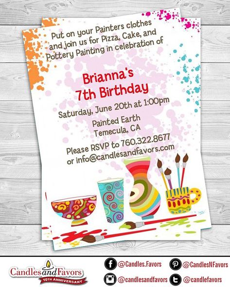 Pottery Painting - Birthday Party Invitation Professionally printed *or* DIY printable PDF Pottery Painting Birthday Party, Painting Invitation, Gardening Party, Personalized Hershey Kisses, Art Paint Party, Art Party Invitations, Painted Earth, Painting Birthday Party, Painting Birthday