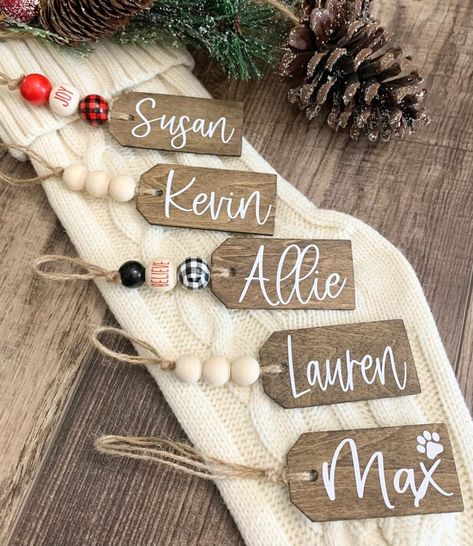 Stocking Name Tags Beaded Wooden Custom Personalized - Etsy Tag Ornaments, Stocking Name Tags, Christmas Name Tags, Personalized Stocking, Stocking Tags, Jr High, Farmhouse Ornaments, Custom Stocking, Easter Basket Tags