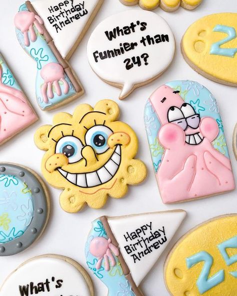 Spongebob Cookies 25, Spongebob Sugar Cookies, 25th Birthday Cookies, Spongebob Cookies, Cars Cookies, The Krusty Krab, Cottage Bakery, Special Cookies, Custom Sugar Cookies