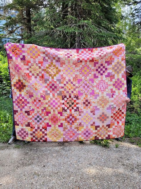 Checkered Garden Quilt, Maximalist Quilt, Checker Quilt, Checkered Garden, Granny Square Quilt, Irish Chain Quilt, Pink Quilts, Garden Quilt, Quilting Inspiration