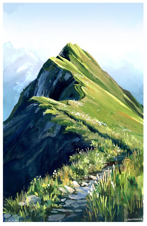 Gouche Scenery Painting, Mountains Aesthetic Drawing, Distant Mountains Painting, Oil Pastels Mountains, Acrylic Mountain Landscape, Gauche On Canvas, Gouche Painting Ideas Aesthetic, Acrylic Painting Of Mountains, Gauche Landscape Painting