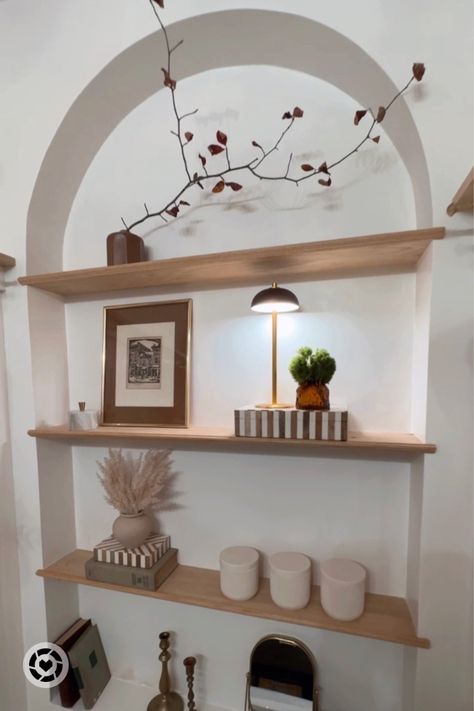 Wall Arch With Shelves, Arched Cabinet Living Room, Arch Shelves, Arched Shelf, Arch Shelf, Diy Arch, Arch Inspiration, Home Decor Lamp, Lighting Candle