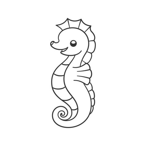 Sea Horse Drawing Easy, Sea Horse Drawing, Seahorse Outline, Seahorse Clipart, Seahorse Cartoon, Seahorse Drawing, Horse Template, Character Outline, Easy Cartoon Drawings