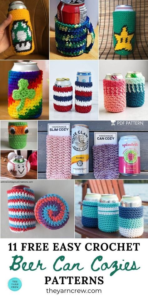 Can Cozies Crochet, Free Crochet Can Cozy Patterns, Can Coozie Crochet Pattern, Crochet Soda Can Cozy Patterns, Crochet Can Coozie Pattern, Can Coozie Crochet Free Pattern, Crochet Projects For Selling, Crochet Projects For Craft Fairs, Beer Cozy Crochet Pattern