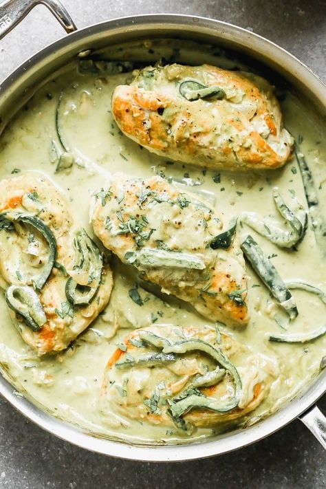 Creamy Poblano Chicken - Cooking for Keeps Essen, Creamy Poblano Chicken, Poblano Recipes, Chicken Poblano, Poblano Cream Sauce, Poblano Chicken, Poblano Peppers Recipes, Poblano Sauce, Chicken Cooking