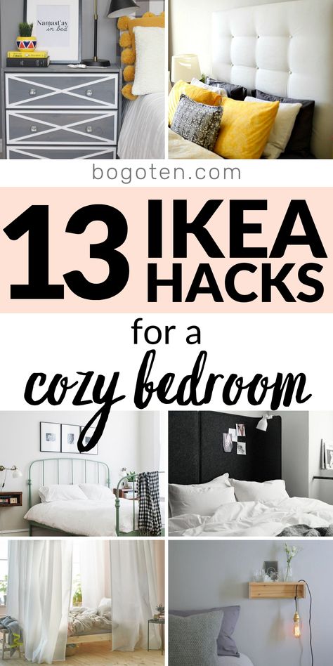 Collage of ikea hacks in a bedroom Ikea Masterbedroom Ideas, Small Bedroom Ikea Ideas, Ikea Bedroom Storage Hacks, Boho Ikea Bedroom, Olderdalen Ikea, Small Ikea Bedroom Ideas, Ikea Boho Bedroom Ideas, Ikea Furniture Hacks Bedroom, Ikea Furniture Bedroom