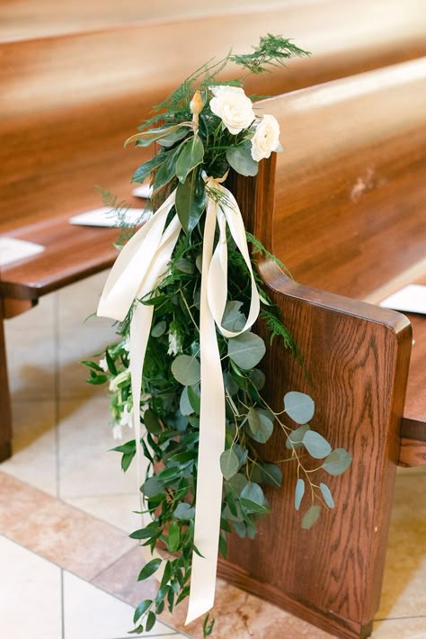 Greenery On Pews Wedding, Greenery Pew Markers, Decorate Pews For Wedding, Eucalyptus Pew Decor, Aisle Pieces Wedding, Pew Greenery Wedding, Pews Decorations Church, End Of Pew Wedding Decor, Pew Bows Wedding Church