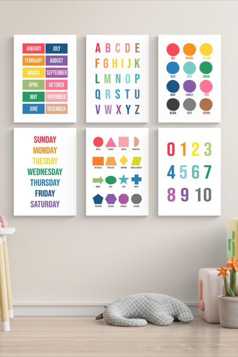 Preschool Classroom Diy Decor, Educational Nursery Ideas, Preschool Classroom Posters Free Printables, Preschool Learning Posters, Playroom Decor Colorful, Wall Decor Playroom, Diy Playroom Wall Decor, Rainbow Daycare Room, Educational Nursery