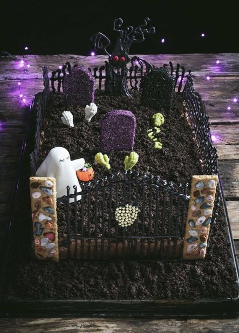 Spooky Graveyard Chocolate Butter Pecan Halloween Cake Halloween Cakes Graveyard, Cemetery Cake Halloween, Creepy Halloween Cake Ideas, Halloween Sheetcake, Grave Yard Cake, Halloween Sheet Cake Ideas, Halloween Cakes Ideas, Cemetery Cake, Halloween Graveyard Cake