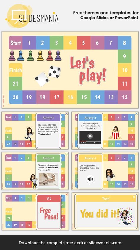 This time I created a digital board game for Google Slides and it can also be used in PowerPoint You can use this interactive template for online learning if you are doing some synchronous sessions with your students. But it can also be fun for when schools reopen, and we all go back to “normal”.  You put the game rules, so it can be used for any subject. Just write the instructions for your game on the second slide and then add 21 activities. If you don’t want to use all the slides, you can add Interactive Google Slides, Online Activities For Students, Interactive Classroom Activities, Fun Powerpoint Ideas, Board Game Template Free, Game Rules Design, Online Teaching Ideas, Google Slides Templates For Teachers, Powerpoint Game Templates