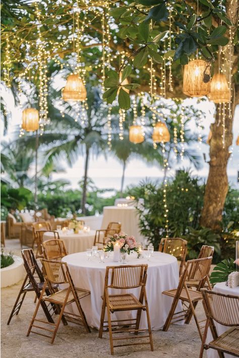 Upscale Beach Wedding, Beachy Wedding Venues, Beach Vibes Wedding, Destination Wedding Ceremony Decor, Tropical Wedding Lighting, Tropical Beach Wedding Ideas, Tiki Bar Wedding, Bali Beach Wedding, White Beach Wedding Decor