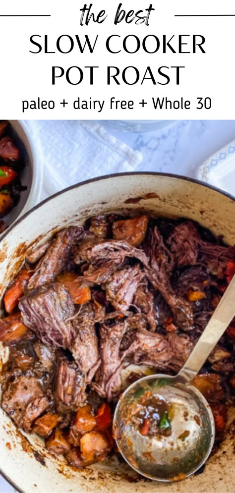 This whole 30 approved pot roast is the perfect fall recipe. Make it in the dutch oven, instant pot or slow cooker. This recipe is also paleo, gluten free and dairy free. Pot roast makes the best leftovers too! Dairy Free Pot Roast, Whole 30 Pot Roast, Healthy Pot Roast, Paleo Pot Roast, Best Leftovers, Gluten Free Dairy Free Recipes Dinner, Gluten Free Dairy Free Dinner, Chuck Roast Recipes, Pot Roast Crock Pot Recipes