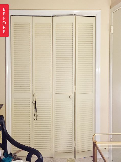 These blah shutter bi-fold doors appear in many a rental, and Jessica's was no exception. While she decorating her daughter's room, she had an idea to transform them into something a little more glam: Louvered Bifold Doors, Accordian Door, Door Redo, Bifold Doors Makeover, Modern Closet Doors, Folding Closet Doors, Front Closet, Accordion Doors, Closet Door Makeover