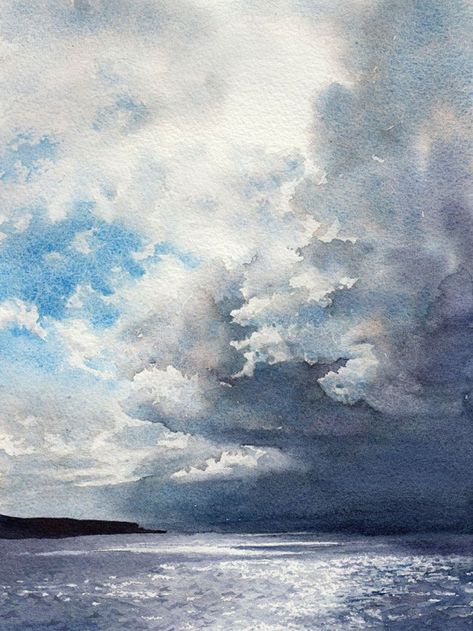 Watercolour painting of Orkney storm. #watercolorpainting #watercolor #painting #draw Seascapes Art, Watercolor Art Landscape, Watercolor Clouds, Watercolour Landscape, Watercolor Sky, Watercolor Water, Watercolor Ocean, Drawing Watercolor, Watercolour Inspiration