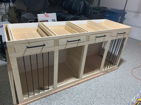 Tall Double Dog Kennel TV Stand DIY Plans - Build Blueprint Tv Stand Diy Plans, Tv Stand Dog Kennel, Large Dog Crate Ideas, Dog Kennel Inside, Dog Kennel Furniture Diy, Kennel Tv Stand, Tv Stand Diy, Double Dog Kennel, Crate Tv Stand