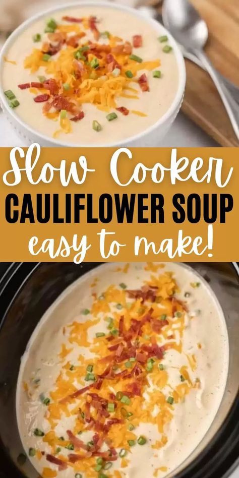 Crockpot Cauliflower Soup, Slow Cooker Cauliflower, Slow Cooker Cauliflower Soup, Crockpot Cauliflower, Cauliflower Soup Recipe, Creamy Cauliflower Soup, Cauliflower Soup Recipes, Keto Crockpot Recipes, Crockpot Soup Recipes