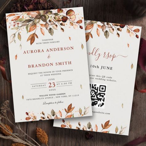 Fall Autumn Leaves Rustic Country Boho Wedding  In Invitation - tap, personalize, buy right now! #Invitation #fall #autumn #rustic #country #wedding, Country Boho Wedding, Invitation With Qr Code, Country Fall Wedding, Chic Boho Wedding, Wedding Terracotta, Boho Wedding Invitation Template, Popular Wedding Invitations, Rusting Wedding, Rustic Boho Wedding