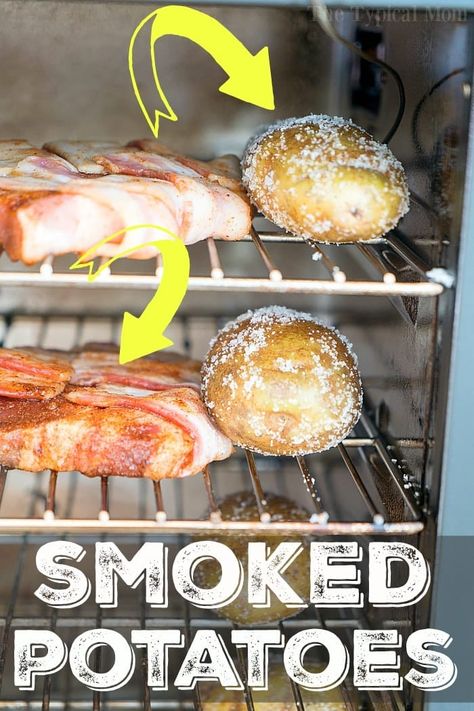 Smoker Sides, Smoked Baked Potatoes, Bbq Smoker Recipes, Pellet Smoker Recipes, Smoked Potatoes, Smoked Vegetables, Traeger Grill Recipes, Meat Smoker, Pellet Smoker