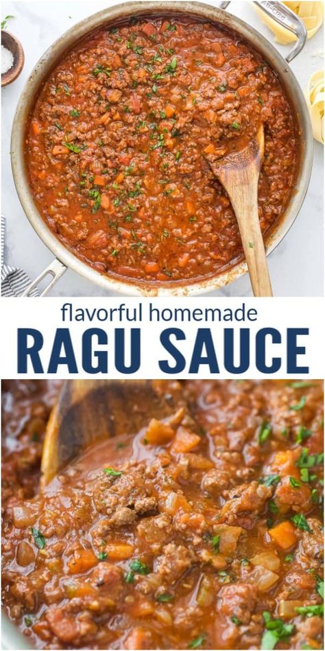 Ragu is by far one of the most flavorful sauces that you can put on pasta. Some take hours, but this Simple Ragu Sauce is ready in under 60 minutes! It has all of the traditional flavors you want from an Italian sauce - hearty beef, salty pork, rich tomato, herbs, umaimi flavor and toasted garlic. #pastasauce #ragu #ragurecipe #ragusauce #dinnerideas #beef recieps Tomato Ragu Sauce, Red Wine Ragu, Ragu Spaghetti Recipes, Traditional Ragu Recipes, Ragu Meat Sauce Recipe, Pork Ragu Pasta, Beef Ragout Pasta, Meat Ragu Recipe, Ragu Pasta Recipes