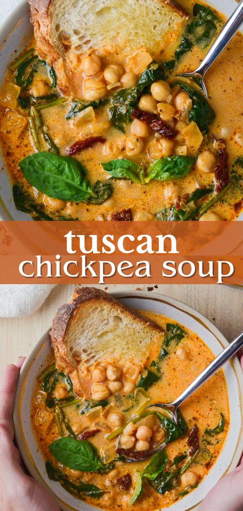 Tuscan Chickpea Soup Mediterranean Flavors, Chickpea Soup, Sundried Tomatoes, Toasted Bread, Vegan Soup Recipes, Chickpea Recipes, Perfect Dinner, Tasty Vegetarian Recipes, Creamy Soup