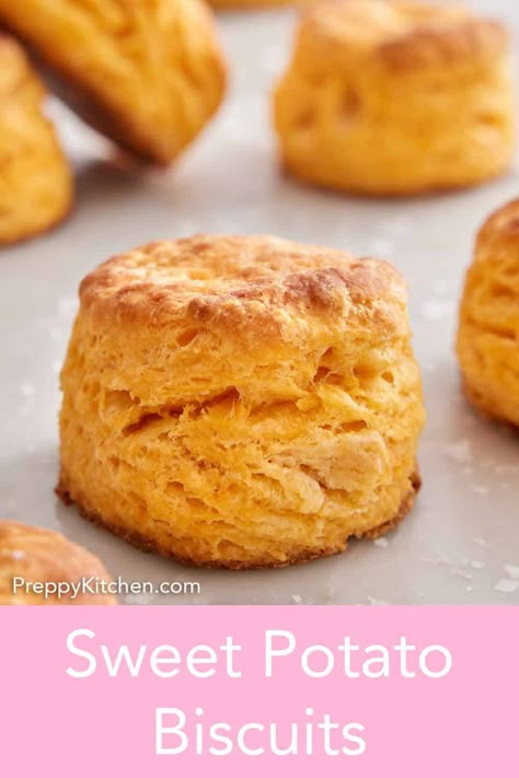 Give your bread basket a holiday-ready makeover with this simple Sweet Potato Biscuits recipe! Between the gorgeous orange hue and deliciously seasonal flavor, these are the perfect Thanksgiving biscuits to compliment your dinner spread. Sweet Potato Dinner Rolls Recipe, Sweet Potato Biscuit Recipe, Sweet Potato Buttermilk Biscuits, Sweet Potato Bread Rolls, Bisquick Sweet Potato Biscuits, Sweet Potato Buiscits, Sweet Potatoes Biscuits, Sweet Potato Biscuits With Bisquick, Sweet Potato Biscuit