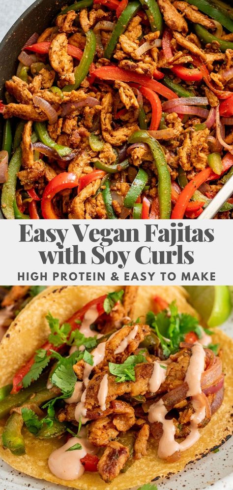 These vegan Fajitas are made with tender marinated soy curls and a DIY fajita seasoning mix. A Tex-Mex classic perfect for a quick, easy weeknight dinner. Soy Curl Fajitas, Vegan Fajitas Recipe, Soy Curl Tacos, Vegan Tex Mex Recipes, Vegan Fajita, Vegan Chicken Fajitas, Vegan Fajita Bowl, Soy Curls Recipes Vegan Healthy, Soy Curls Recipes Vegan