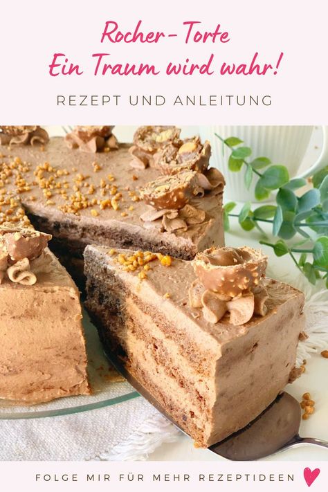 Rocher pur sind ja schon ein wahrer Genuss! Stellt euch die kleine Süßigkeit nun noch als Creme mit Mascarpone und Sahne vor. Ein wahrer Nuss-Nougat-Traum! Um daraus eine Torte zu machen, wird damit ein schokoladig-nussiger Biskuit gefüllt. Eine Torte zum Verlieben! Ferrero Rocher Torte, Ferrero Rocher Cake, Tummy Yummy, Torte Cake, Baking Recipes Cookies, Food Carving, Fine Food, Cakes And More, No Bake Desserts