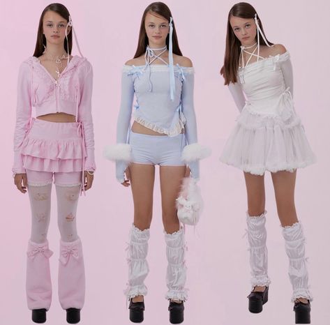 3 pastel pink, blue, and white outfits with legwarmers, off the shoulder tops, and short skirts or shorts. by the brand shushucherry Pastel Concert Outfit, Pastel Blue Outfit, Melanie Concert, Blue Outfit Winter, Blue Skirt Outfits, Blue And White Outfits, Outfits Pastel, Pastel Outfit, Blue Outfit