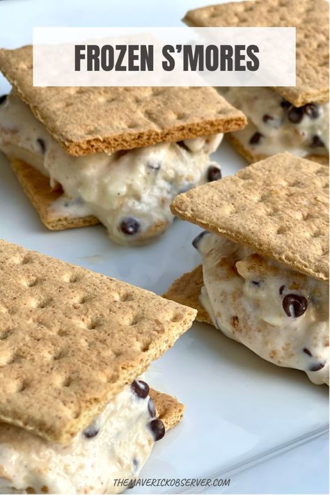 These Frozen S’mores have all the things you love about the classic dessert all rolled up into a delicious and refreshing ice cream sandwich! Toasted marshmallows, graham crackers, and mini chocolate chips give the vanilla ice cream an amazing flavor. Everyone loves ice cream during the summer to beat the heat and these Frozen S’mores will put smiles on everyone’s face. The hardest part of this recipe is getting the ice cream at just the right consistency to build your sandwiches. Other than tha Frozen Smores, Smores Ice Cream, Ice Cream Mixture, S'mores Bar, Love Ice Cream, Ice Cream Treats, Cream Sandwich, The Hardest Part, Toasted Marshmallow