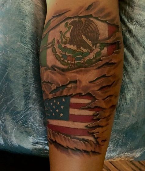 Mexico Traditional Tattoo, Portugal Flag Tattoo, Mexico Flag Tattoo, Mexican American Tattoos, American Tattoo Ideas, Mexico Inspired Tattoo, Mexican Flag Tattoos, Usa Flag Tattoo, Mexican American Flag