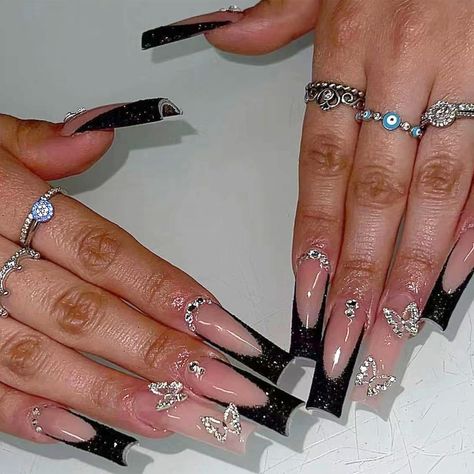 PRICES MAY VARY. [Diversified and unique styles] ANDGING integrates design into human nature, focusing on the flexible use of points, lines and surfaces to release inspiration freely, create a space that the soul desires, and lead the fashion trend of nail art. Classic White and Black, Pink, Blue, French, Flowers, Emo, Heart, Bling, Curved, Swirl, Flame Fake Nails... Every stroke is vivid and meticulous, will make your mani the talk of the town. [Safe and Sturdy Design] Unique micro-thickening d Black Rhinestone Acrylic Nails, Emo Tips, Black Emo Nails, Emo Nails, Emo Heart, Press On Nails Long, Black French Tips, French Flowers, Nagel Tips