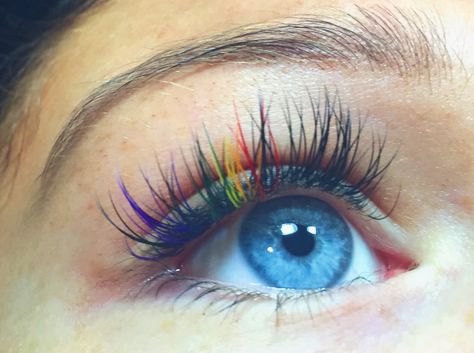 Rainbow colored eyelash extensions! Done by me on my gorgeous client with these beautiful blue eyes for Rhode Island Pride ! Colored Fake Lashes, Pride Lash Extensions, Rainbow Lash Extensions, Pride Lashes, Rainbow Lashes, Rainbow Eyelashes, Colored Eyelash Extensions, Color Lash Extensions, Fashion Show Makeup