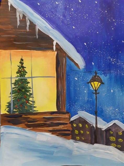 Disneyland Paintings Easy, Christmas Landscape Painting Easy, Easy Christmas Tree Painting On Canvas, Christmas Painting Inspiration, Simple Christmas Paintings For Kids, Winter Painting Ideas Acrylic, Christmas Paintings Aesthetic, Aesthetic Christmas Painting, Christmas Painting Ideas On Canvas Easy