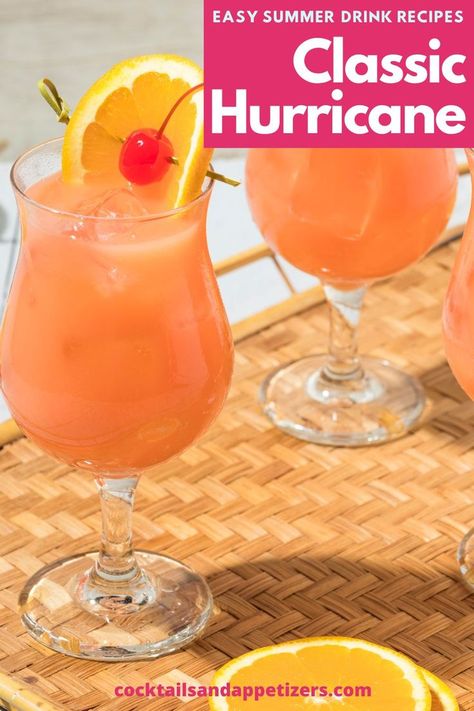 Tropical and refreshing, this Hurricane Cocktail is a bright and fruity beverage served in hurricane glasses for a super tasty drink that’s perfect for the summer! Coconut rum, triple sec and pineapple juice come together for summer drinks perfect for parties, game day and pool parties! Summer cocktails and fruity drinks with alcohol your guests will enjoy. Fruity Drinks With Alcohol, Fun Summer Drinks Alcohol, Drinks With Alcohol, Fruity Summer Drinks, Summer Drinks Alcohol Recipes, Coconut Rum Drinks, Fruity Alcohol Drinks, Fun Summer Drinks, Rum Cocktail Recipes