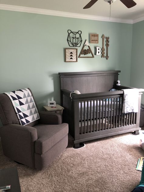 Grey Crib Nursery, Dark Gray Nursery, Small Nursery Decor, Grey Nursery Furniture, Nursery Dark Furniture, Boy Woodland Nursery, Boy Nursery Colors, Nursery Paint Colors, Teal Nursery