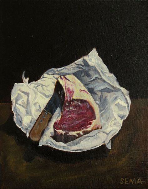 steak oil painting, steak on paper, steak and knife, still life painting, realistic oil painting, oil on canvas, realism Meat Painting, Meat Drawing, Oil Painting On Paper, Minimalist Drawing, Inspo Pics, Gcse Art, Painting On Paper, Ap Art, Still Life Painting