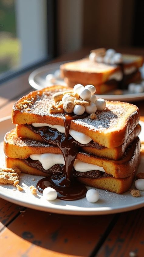 S'mores Stuffed French Toast Easy Stuffed French Toast, Chocolate Toast, Fluffy Marshmallows, Stuffed French Toast, Creamy Pudding, Ultimate Breakfast, Cinnamon Raisin, Decadent Cakes, Bonfire Night