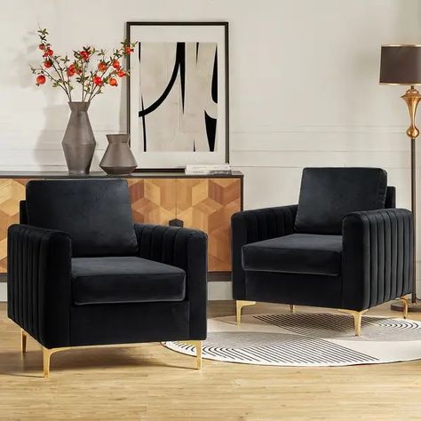 Ganymedes Modern Velvet Accent Arm Chair with Golden Legs Set of 2 by HULALA HOME - On Sale - Bed Bath & Beyond - 35980613 Club Chairs Living Room, Velvet Club Chair, Comfy Reading Chair, Comfy Reading, Accent Chair Set, Club Armchair, Upholstery Cushions, Velvet Accent Chair, Lounge Armchair