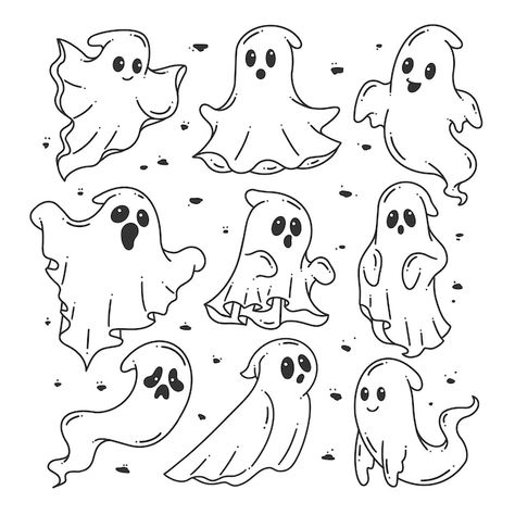 Hand-drawn halloween cute ghost set | Premium Vector #Freepik #vector #cute-illustration #cartoon-art #cartoon-sketch #cute Gambar Halloween, Halloween Art Projects, Ghost Drawing, Black Cat Tattoos, Ghost Tattoo, Homemade Halloween Decorations, Ghost Cartoon, Spooky Tattoos, Halloween Vector