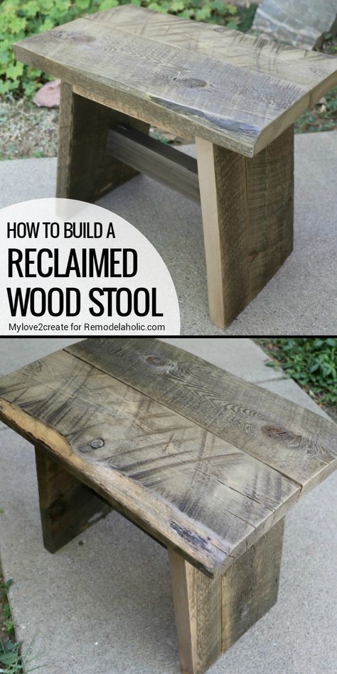 Build this easy DIY reclaimed wood stool with a few scraps of old wood or some new lumber. Perfect for sitting, using as a stepstool, or as a side table. Barnwood Projects, Barn Wood Projects, Wood Projects For Beginners, Wood Crafting Tools, Reclaimed Wood Projects, Wooden Stool, Easy Wood Projects, Easy Wood, Scrap Wood Projects