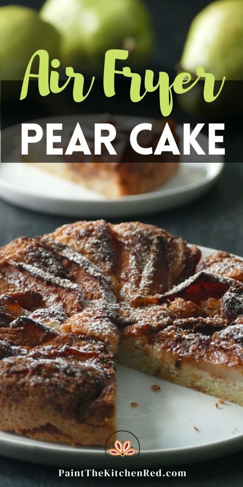 pear cake on plate with one piece cut out Pear Cake Recipes, Air Fryer Cake Recipes, Pear And Almond Cake, Ripe Pears, Canned Pears, Pear Tart, Cake Rack, Pear Cake, Air Fry Recipes