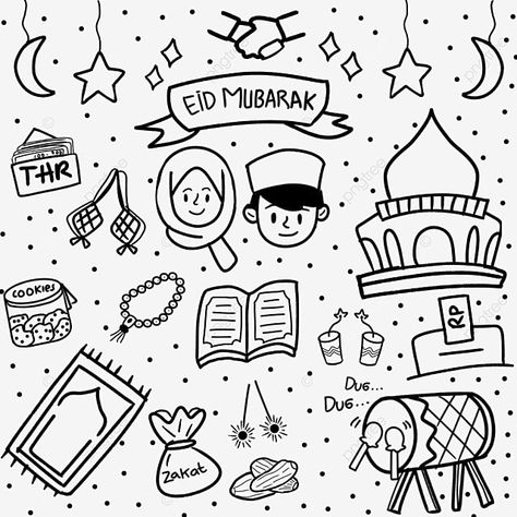 Eid Mubarak Doodle Art, Hari Raya Doodle, Eid Mubarak Doodle, Hari Raya Coloring, Ramadhan Doodle, Eid Mubarak Drawing Art, Ramadan Doodles, Eid Doodle, Ramadhan Illustration