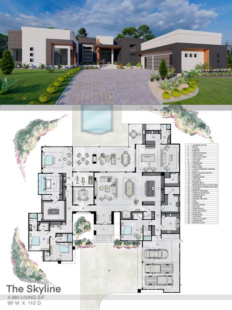 Luxury Bungalow House Plans, Modern Mansion House Plans, Courtyard House Plans Modern, 5 Bedroom Modern House Plans, Dream House Plans 5 Bedroom, Hillside House Plans, Mansion House Plans, Luxury House Floor Plans, Florida House Plans