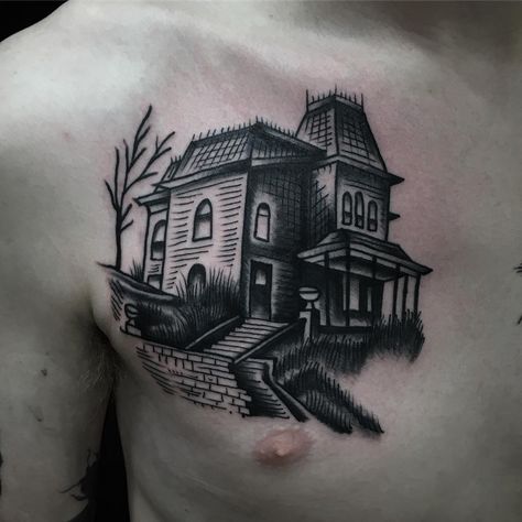 Bates motel for Ash today, cheers man Bates Motel Tattoo, Bates Motel House, Haunted House Tattoo, Tattoo Front, Horror Sleeve, Horror Movie Tattoos, Culture Tattoos, House Tattoo, Lion Tattoos