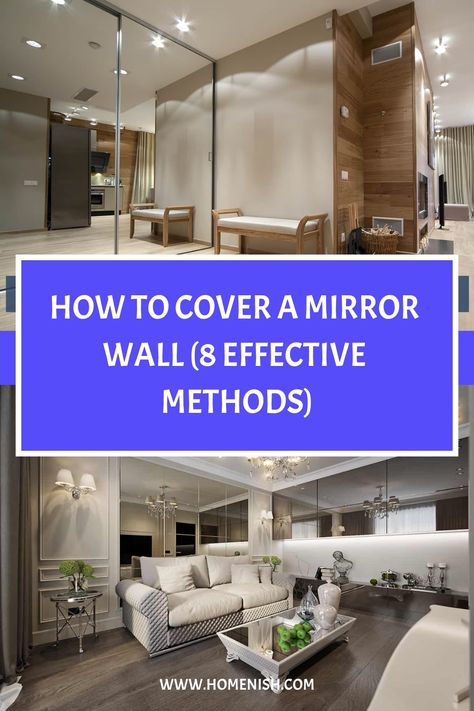 Mirror walls can be a practical and appealing feature in a room, but they aren’t to everyone’s taste. If you have a mirrored wall that you can’t stand the sight of, there are a number of ways you could consider covering it. Decorating A Mirrored Wall, How To Cover Up Mirrored Walls, Mirror Tiles On Wall Living Room, What To Do With A Mirrored Wall, Update Mirror Wall, Mirror Wall Update, Covering Mirrored Wall, Mirror Covering Ideas, How To Update A Mirrored Wall