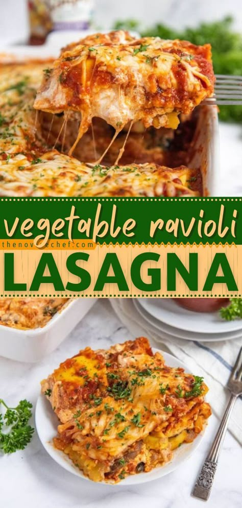 This quick and easy summer dinner recipe is a wonderful way for kids to get more veggies! While meatless, this Ravioli Lasagna is still hearty and satisfying. Make-ahead directions for this vegetarian… Simple Vegetarian Dinner, Ravioli Lasagna Recipe, Vegetable Ravioli, Easy Vegetable Lasagna, Dinners Pasta, Vegetarian Lasagna Recipe, Meatless Dishes, Easy Summer Dinner, Novice Chef