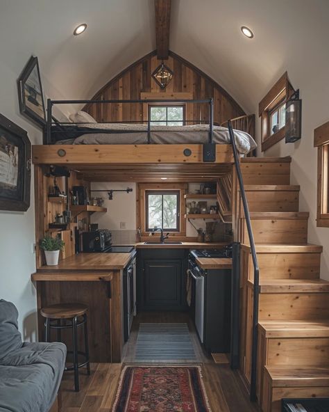 Tiny House Living 🏠 Tiny House On Wheels Interior Design, Mini Shed House Ideas, Tiny House Features, Tiny Home Western, Tiny Home Rental Ideas, Micro Tiny House Interior, Tiny House Luxury Small Homes, Girly Tiny House, Tiny House With Bathtub