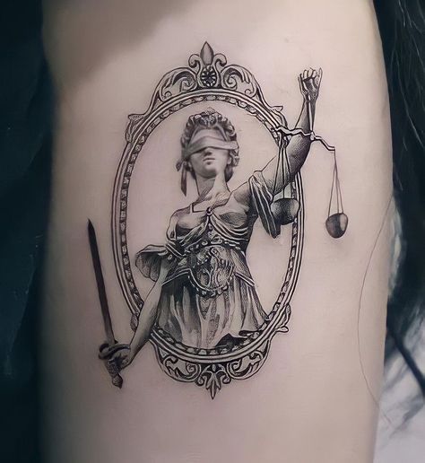 Gilded Age Tattoo, Lady Justice Tattoo Sleeve, Lady Of Justice Tattoo, Lady Justice Tattoo Design, Renesance Tattoo, Themis Tattoo, Greek Inspired Tattoos, Classical Art Tattoo, Unisex Tattoos